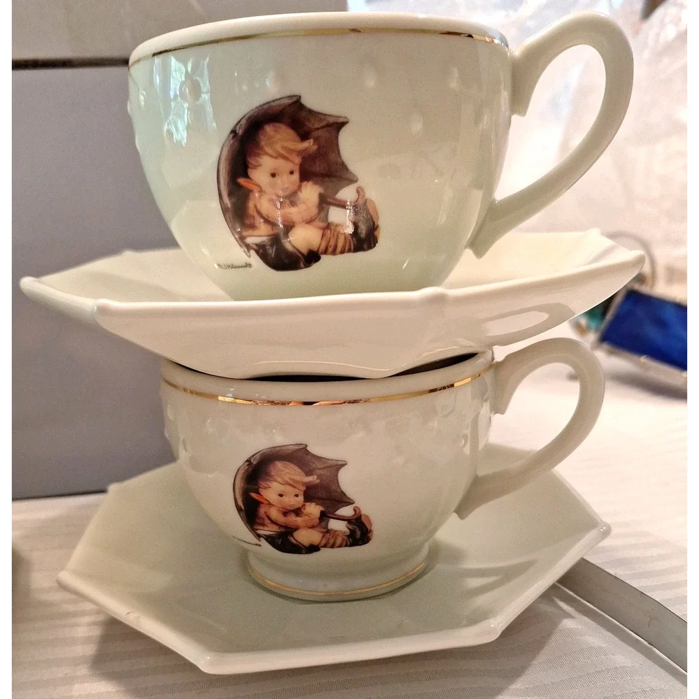Hummel Hostess Collection Teacups Saucers Danbury Mint Umbrella Boy Girl 4 Sets